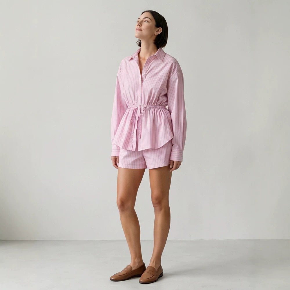 Women's Striped Loungewear Set made of Lightweight Cotton with Drawstring Waist & Shorts Chichicherry - Chichicherry