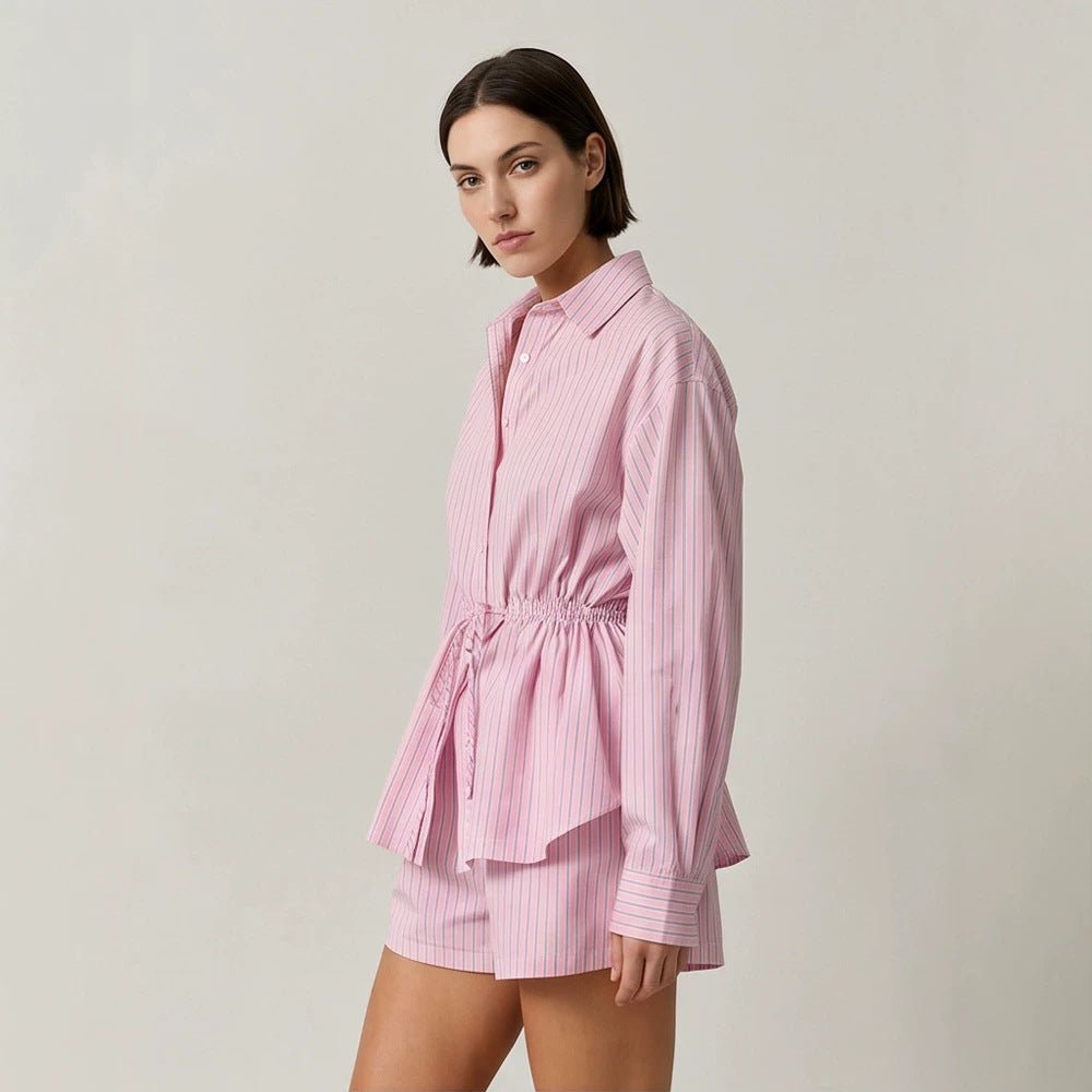 Women's Striped Loungewear Set made of Lightweight Cotton with Drawstring Waist & Shorts Chichicherry - Chichicherry