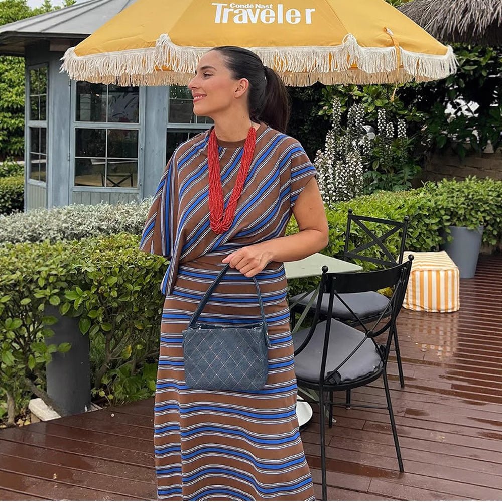 Women's Striped Maxi Dress with Asymmetrical Cape Sleeves & Tailored Silhouette Chichicherry - Chichicherry