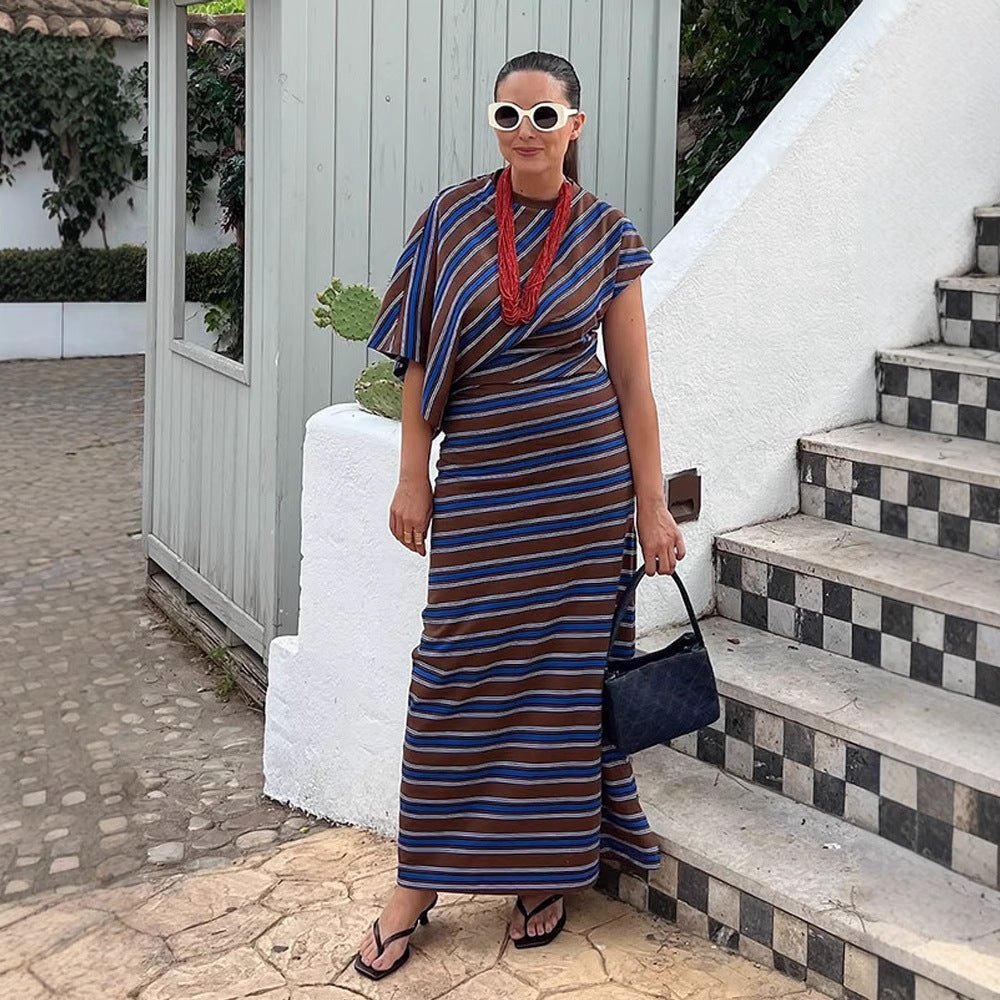Women's Striped Maxi Dress with Asymmetrical Cape Sleeves & Tailored Silhouette Chichicherry - Chichicherry