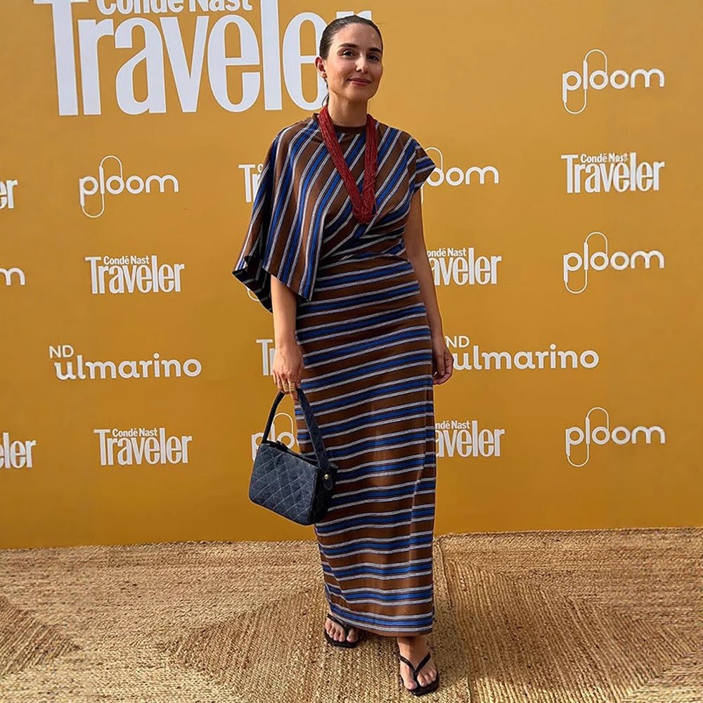 Women's Striped Maxi Dress with Asymmetrical Cape Sleeves & Tailored Silhouette Chichicherry - Chichicherry