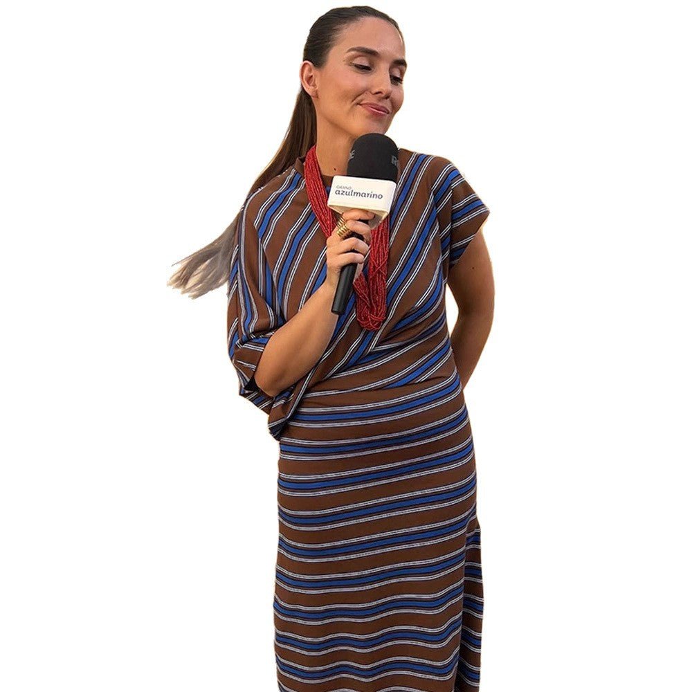Women's Striped Maxi Dress with Asymmetrical Cape Sleeves & Tailored Silhouette Chichicherry - Chichicherry