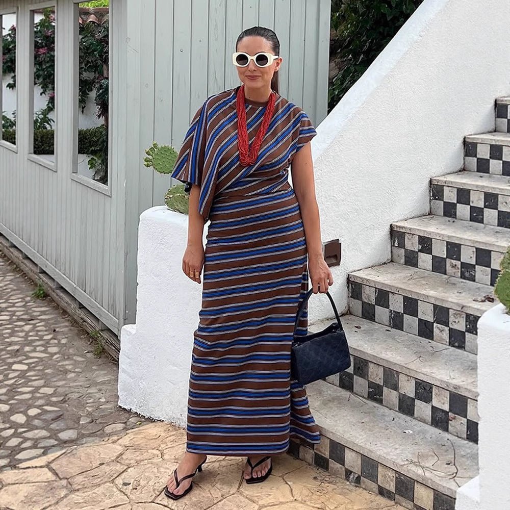 Women's Striped Maxi Dress with Asymmetrical Cape Sleeves & Tailored Silhouette Chichicherry - Chichicherry