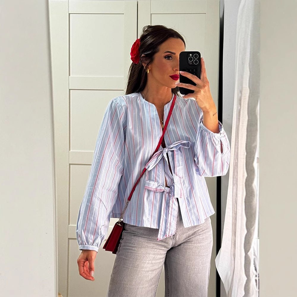 Women's Striped Tie Blouse with Bow Front, V-Neck & Balloon Sleeves Chichicherry - Chichicherry