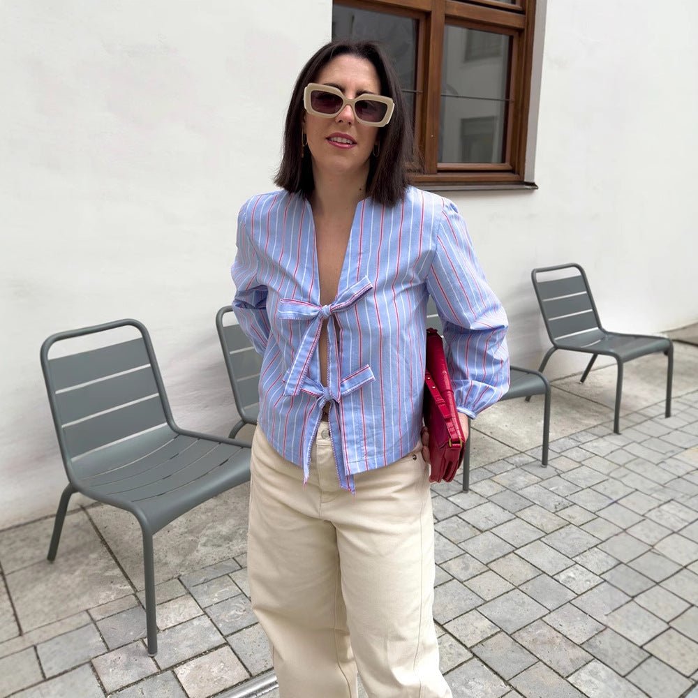 Women's Striped Tie Blouse with Bow Front, V-Neck & Balloon Sleeves Chichicherry - Chichicherry