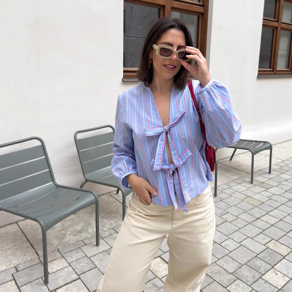 Women's Striped Tie Blouse with Bow Front, V-Neck & Balloon Sleeves Chichicherry - Chichicherry