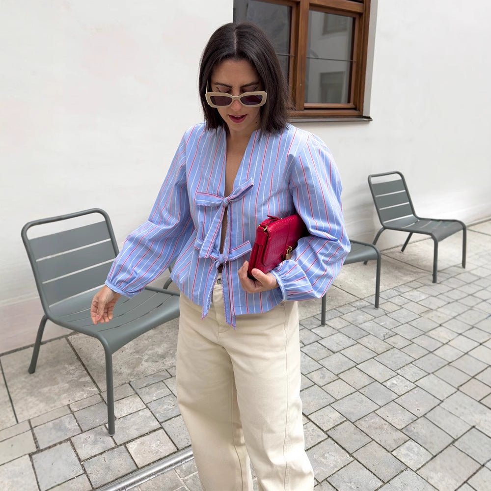 Women's Striped Tie Blouse with Bow Front, V-Neck & Balloon Sleeves Chichicherry - Chichicherry