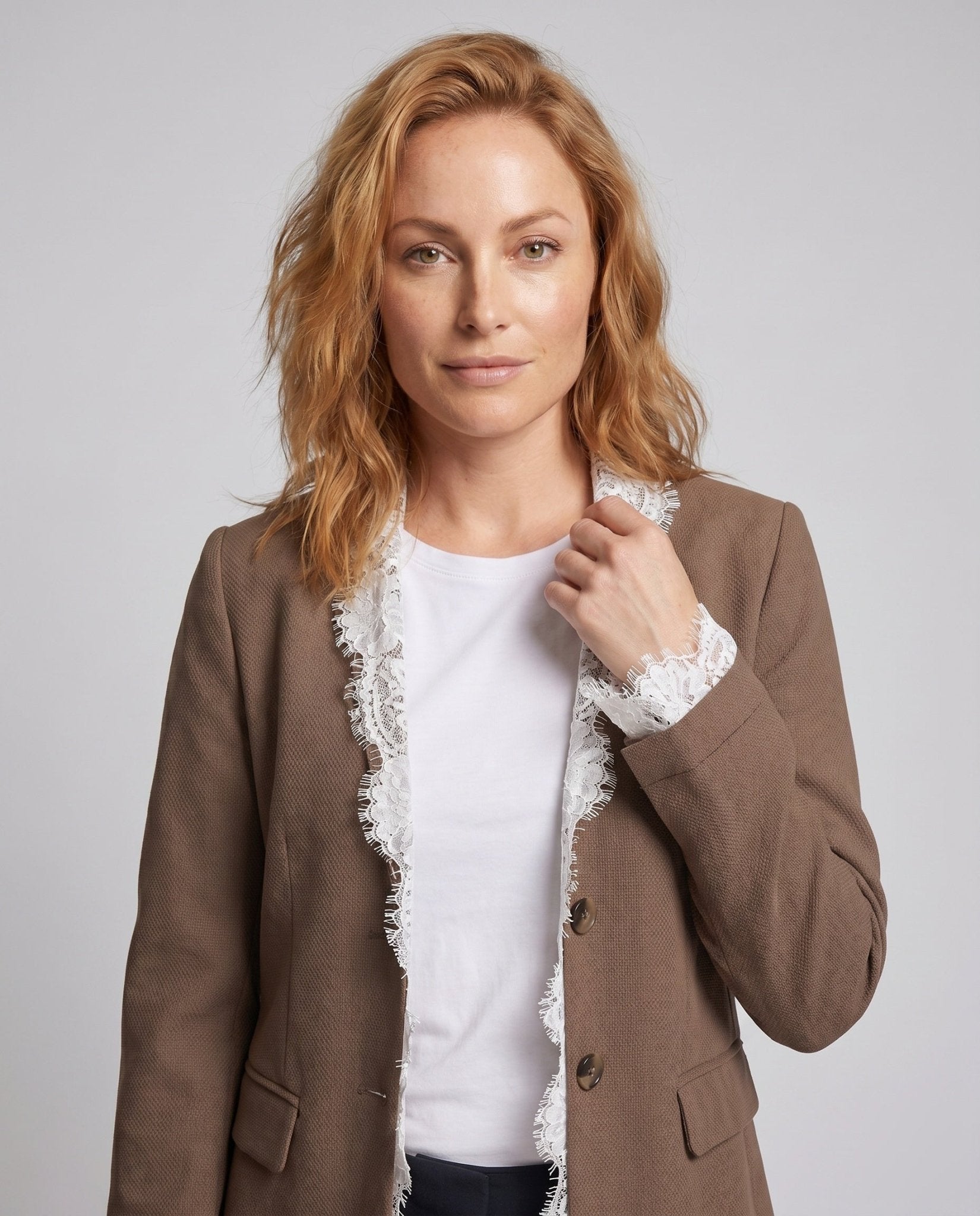Women’s stylish blazer jacket with elegant lace detailing - Chichicherry