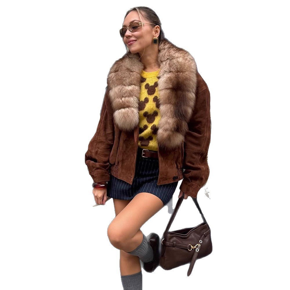 Women's suede bomber jacket with voluminous fur scarf and elastic hem Chichicherry - Chichicherry