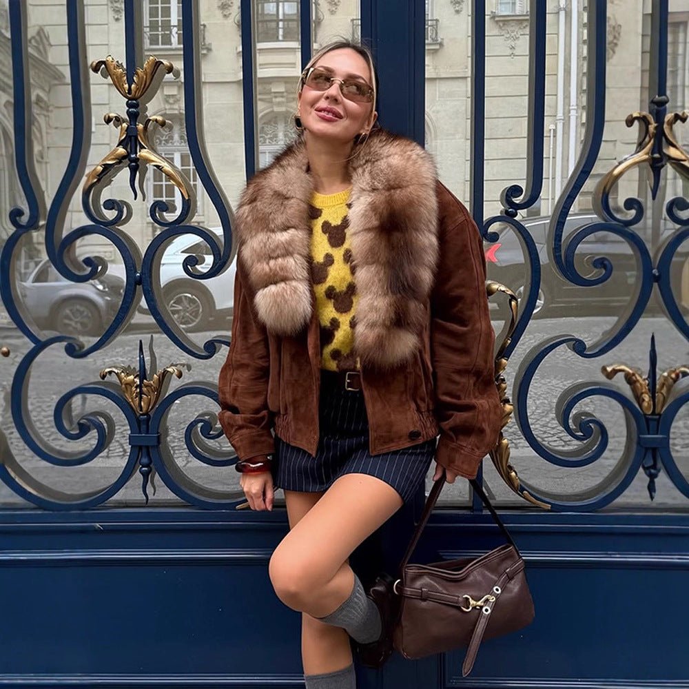 Women's suede bomber jacket with voluminous fur scarf and elastic hem Chichicherry - Chichicherry