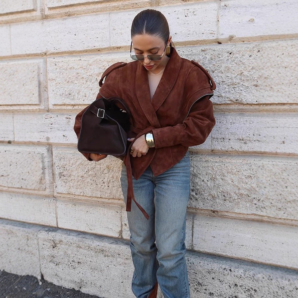 Women's Suede Wrap Jacket with Wide Shawl Collar and Waist Belt Chichicherry - Chichicherry