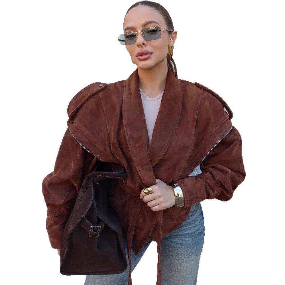 Women's Suede Wrap Jacket with Wide Shawl Collar and Waist Belt Chichicherry - Chichicherry