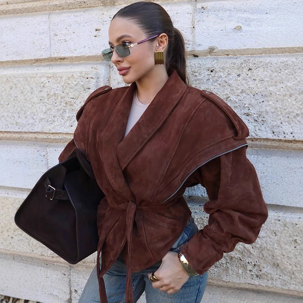 Women's Suede Wrap Jacket with Wide Shawl Collar and Waist Belt Chichicherry - Chichicherry