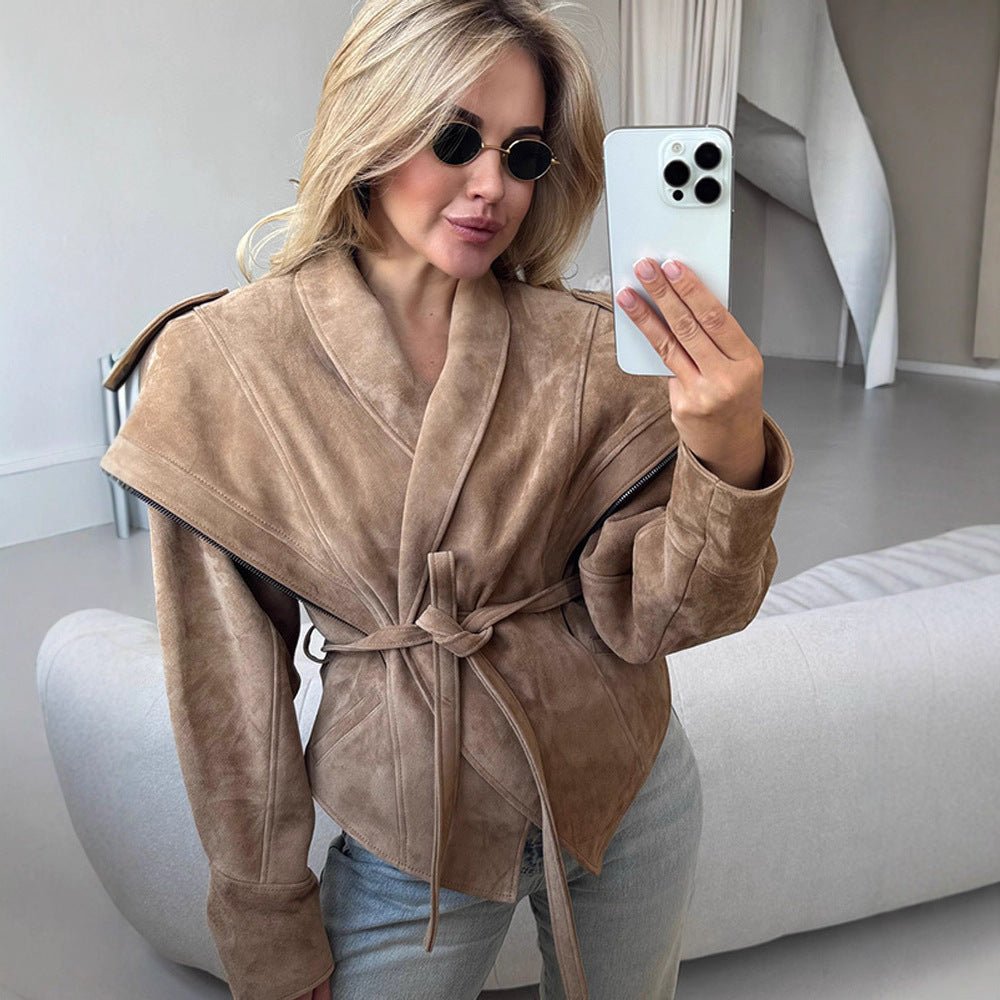 Women's Suede Wrap Jacket with Wide Shawl Collar and Waist Belt Chichicherry - Chichicherry