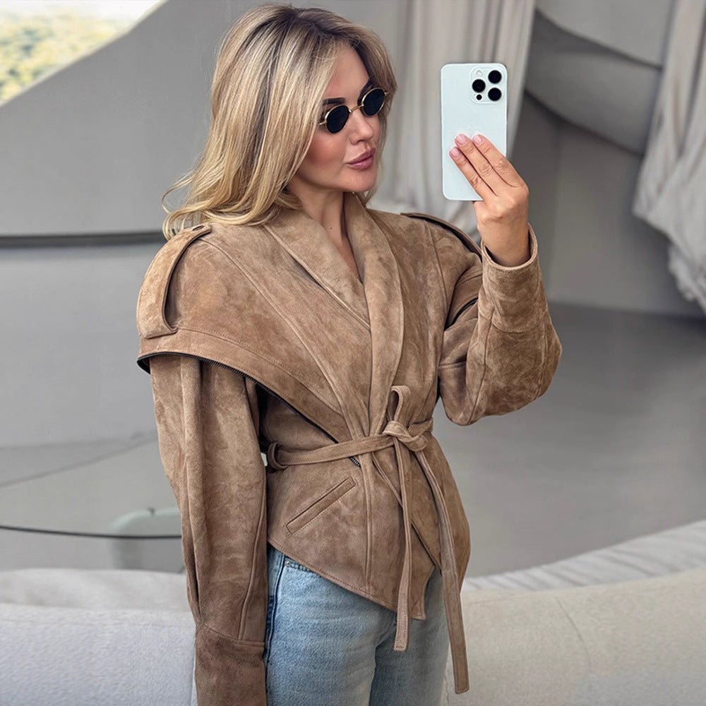 Women's Suede Wrap Jacket with Wide Shawl Collar and Waist Belt Chichicherry - Chichicherry