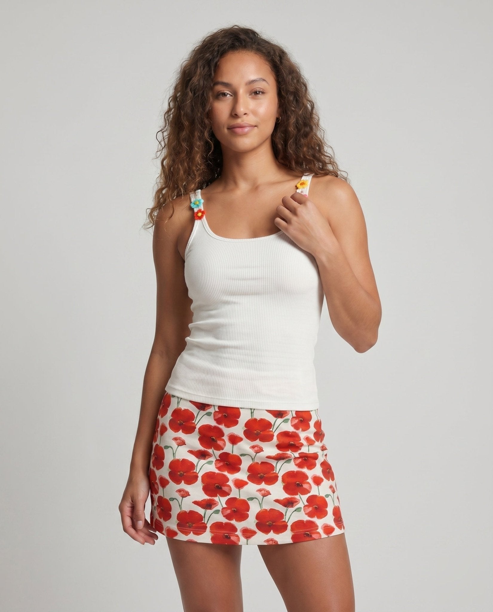 Women's summery mini dress with playful check pattern and colorful appliqués - Chichicherry