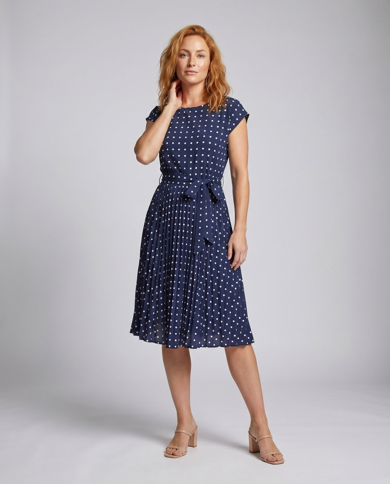 Women's Summery Polka-Dot Dress with Waist Belt and Airy Silhouette - Chichicherry