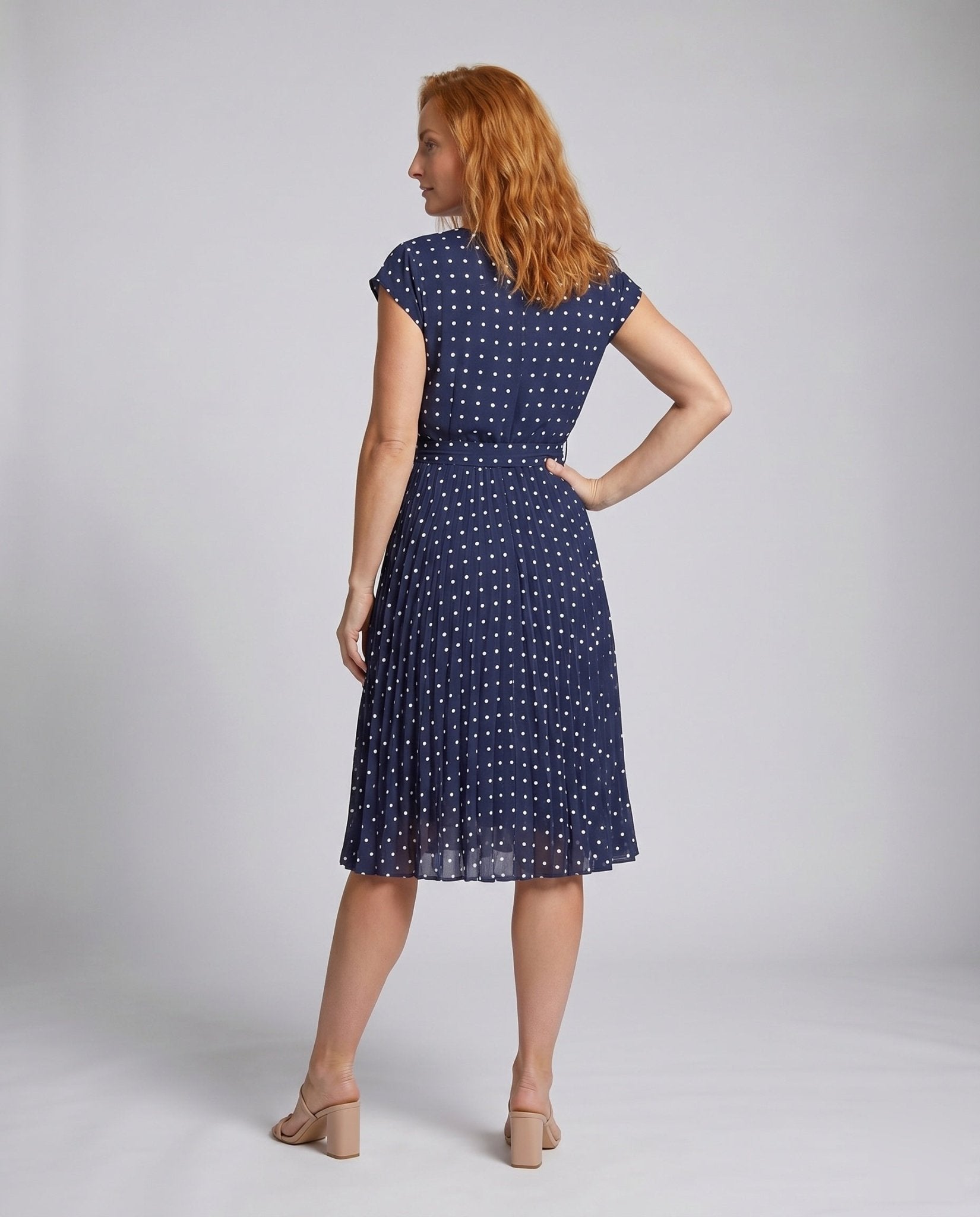Women's Summery Polka-Dot Dress with Waist Belt and Airy Silhouette - Chichicherry