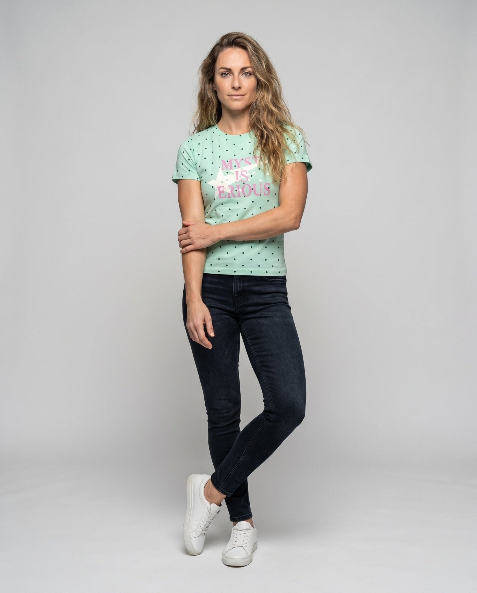 Women's T-shirt with modern dotted pattern and trendy lettering - Chichicherry