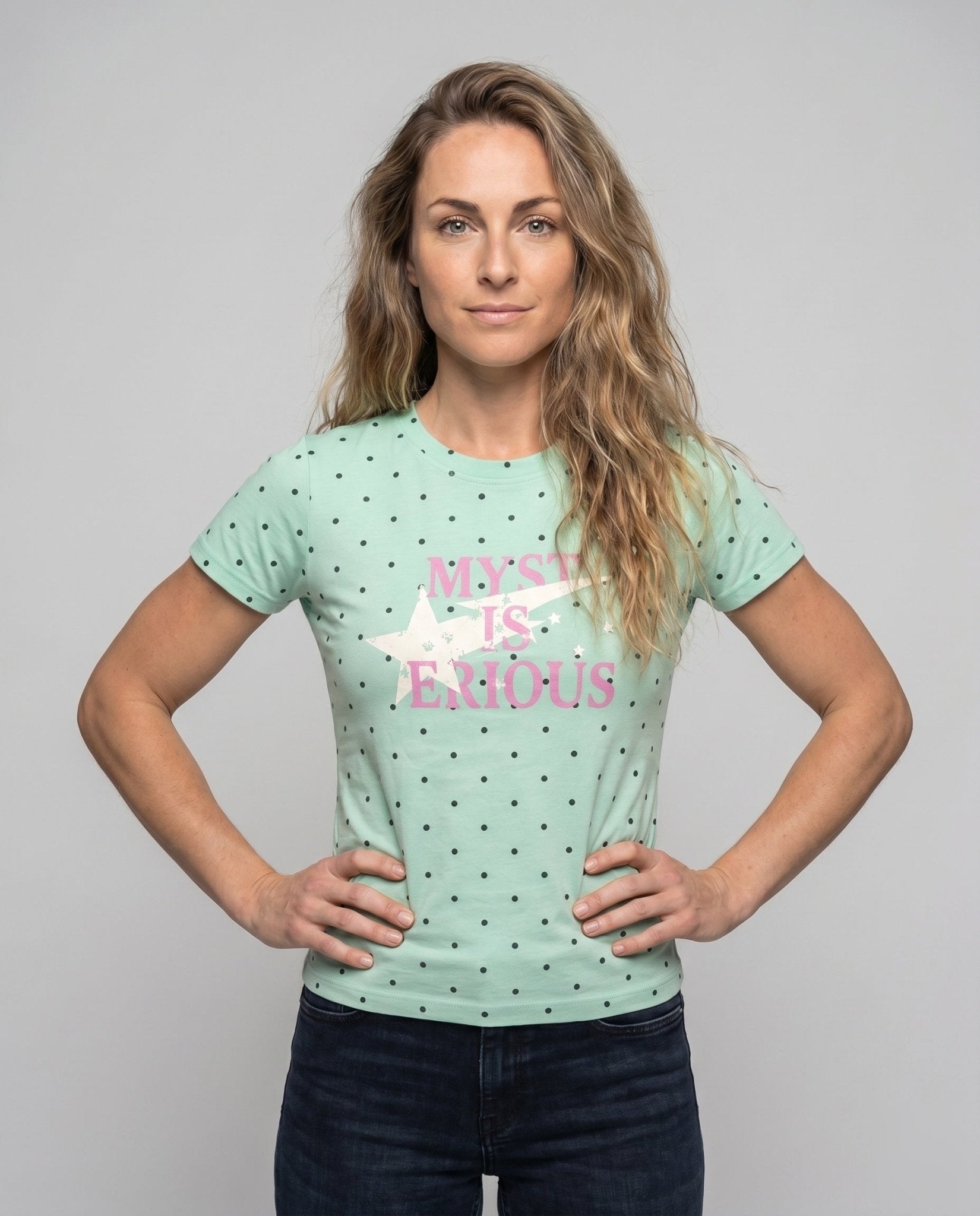 Women's T-shirt with modern dotted pattern and trendy lettering - Chichicherry