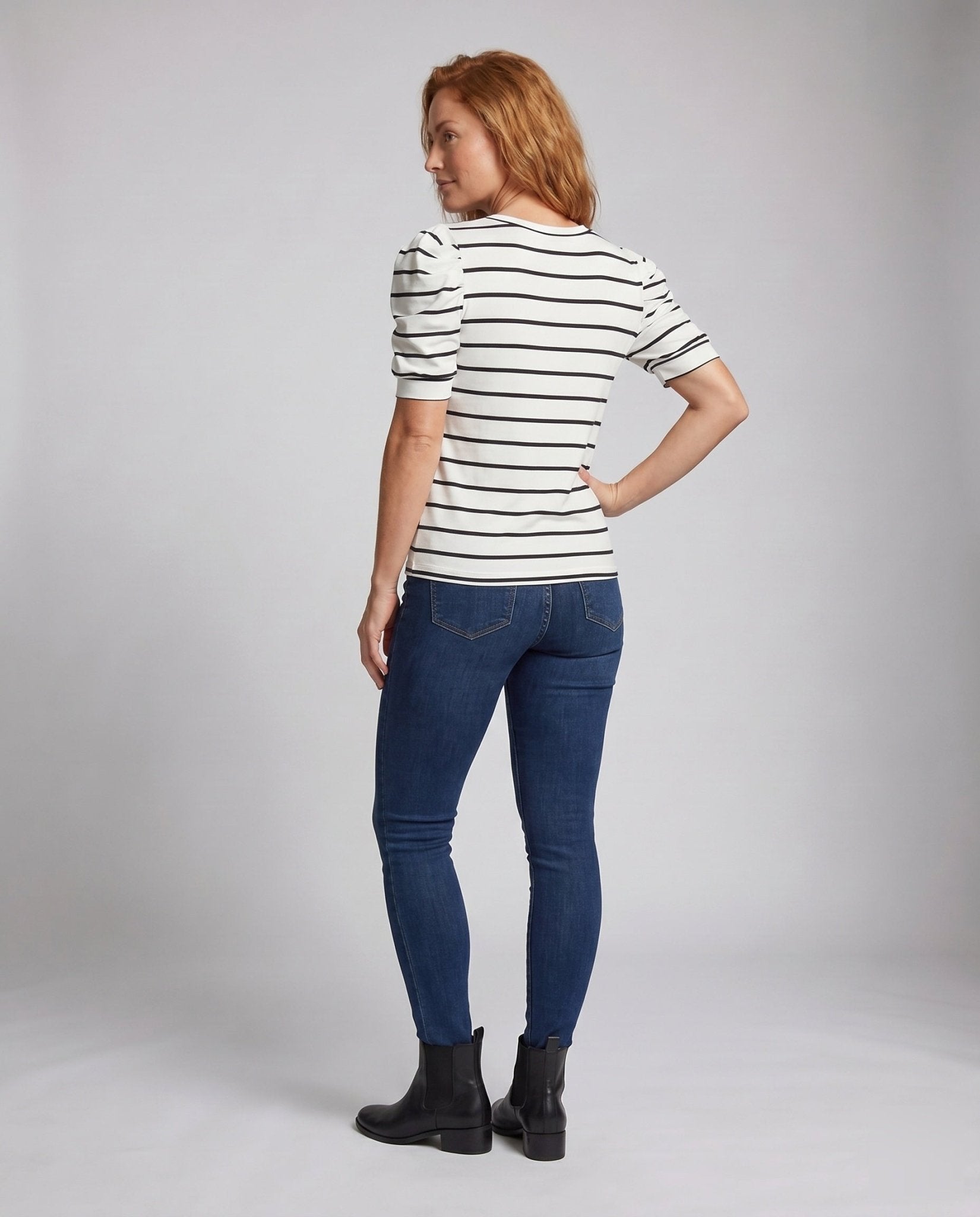 Women's T-shirt with puff sleeves and maritime stripe pattern - Chichicherry