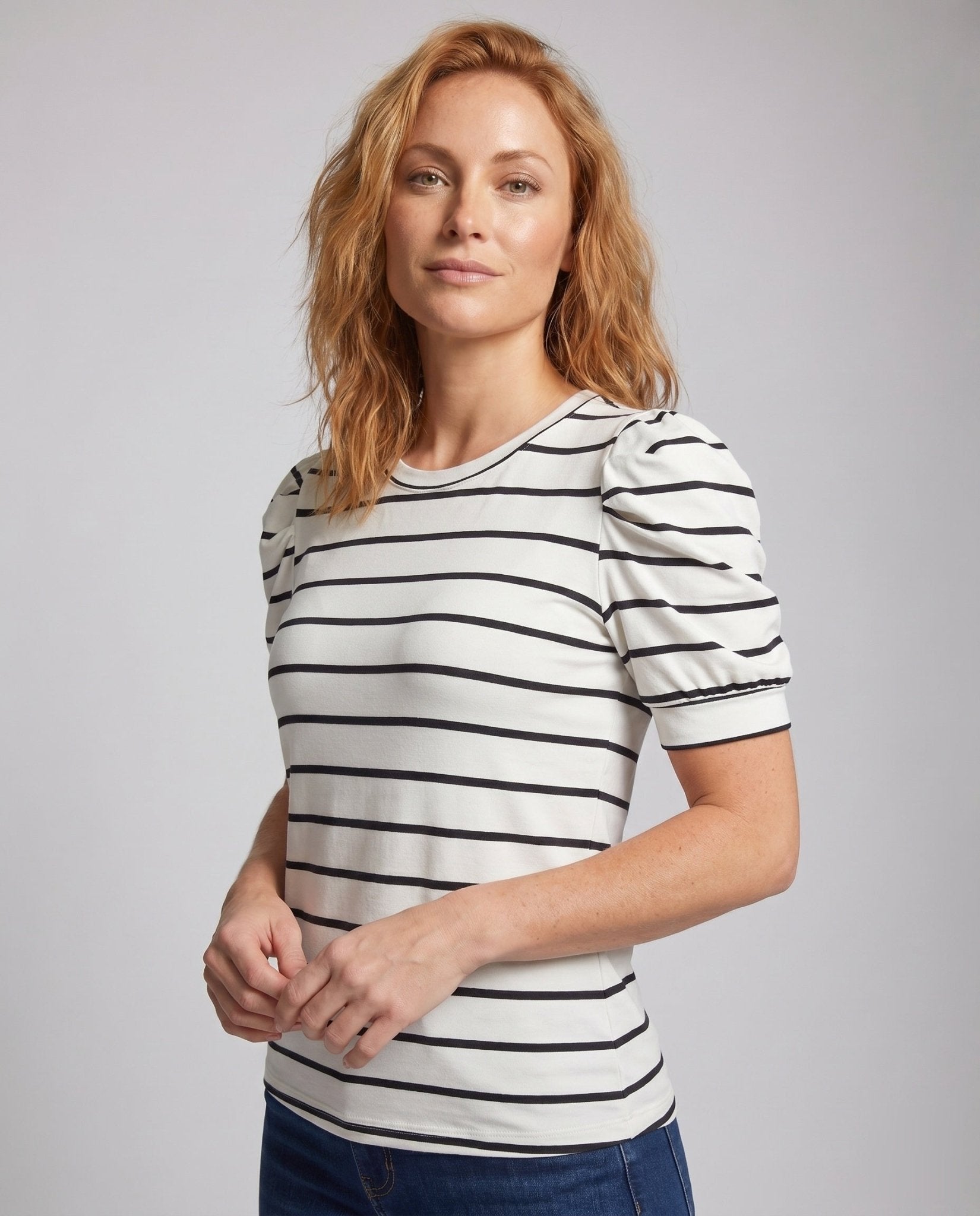 Women's T-shirt with puff sleeves and maritime stripe pattern - Chichicherry