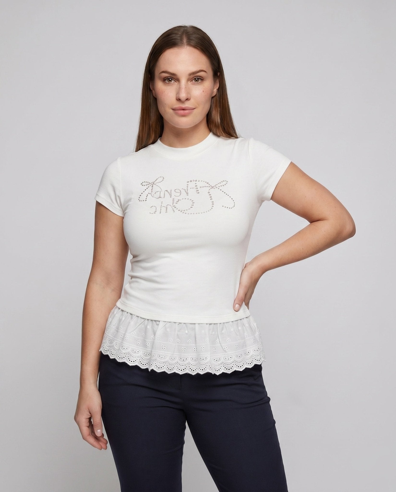 Women's T-shirt with voluminous ruffled hem and stylish logo design - Chichicherry