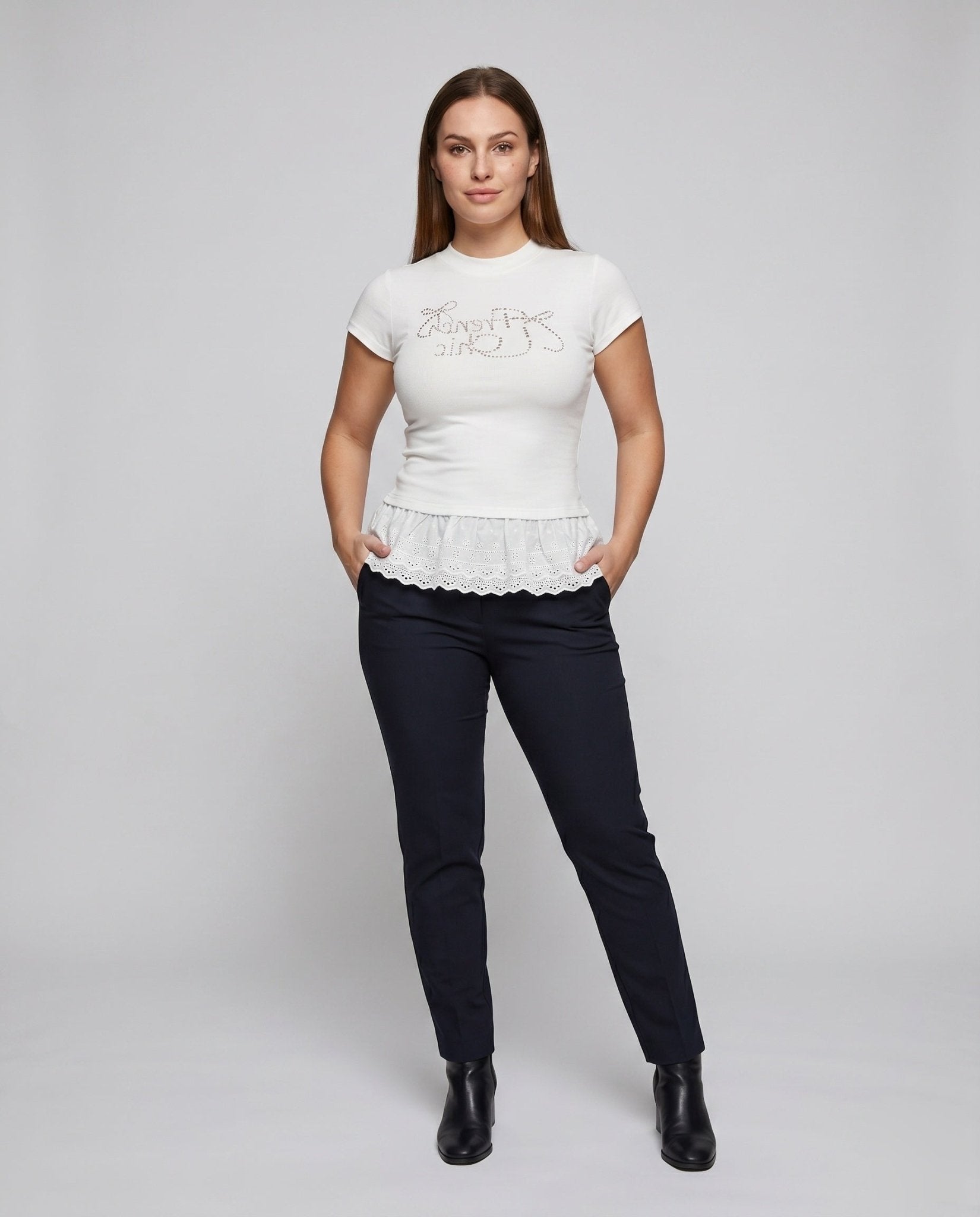 Women's T-shirt with voluminous ruffled hem and stylish logo design - Chichicherry