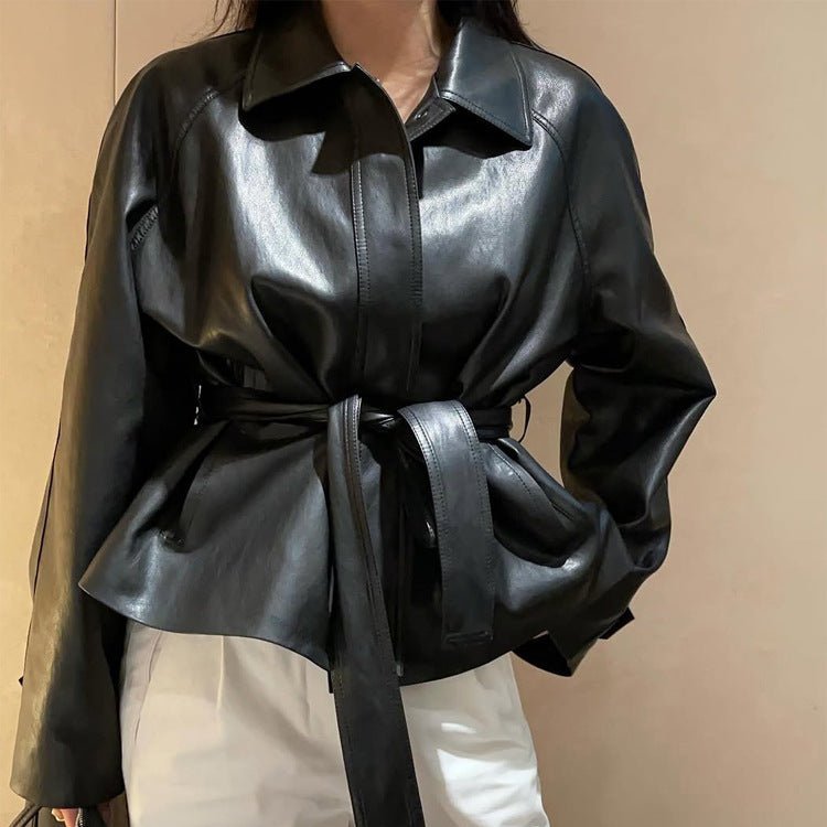 Women's Tailorable Faux Leather Jacket with Wrap Belt and Boxy Silhouette Chichicherry - Chichicherry