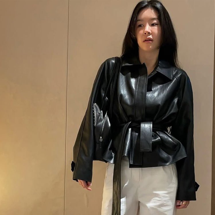 Women's Tailorable Faux Leather Jacket with Wrap Belt and Boxy Silhouette Chichicherry - Chichicherry