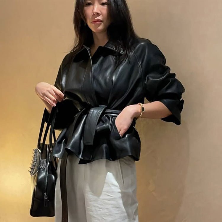 Women's Tailorable Faux Leather Jacket with Wrap Belt and Boxy Silhouette Chichicherry - Chichicherry