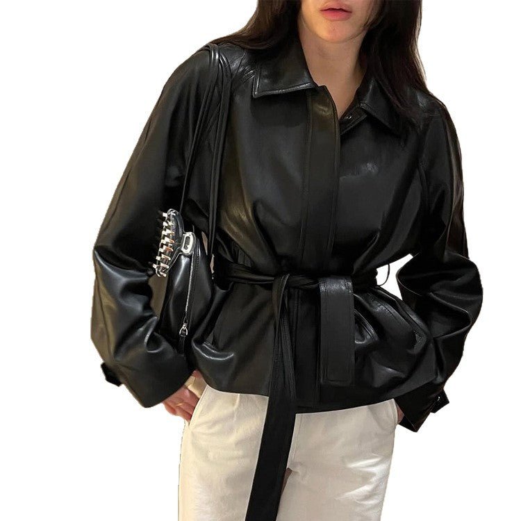 Women's Tailorable Faux Leather Jacket with Wrap Belt and Boxy Silhouette Chichicherry - Chichicherry