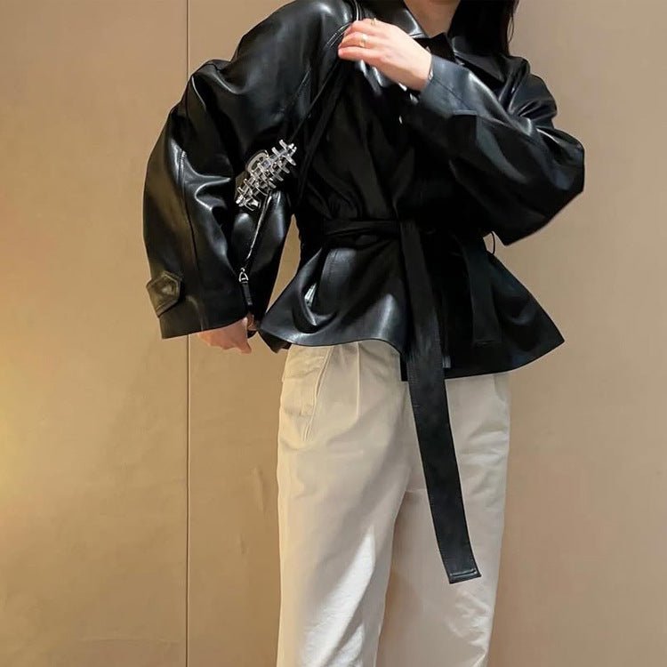 Women's Tailorable Faux Leather Jacket with Wrap Belt and Boxy Silhouette Chichicherry - Chichicherry