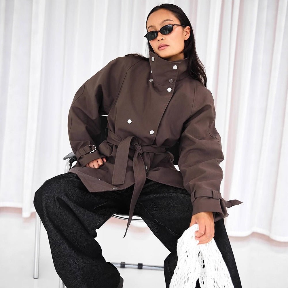 Women's Tailorable Oversized Short Trench Coat with High Stand Collar, Snap Button Front and Belt Chichicherry - Chichicherry