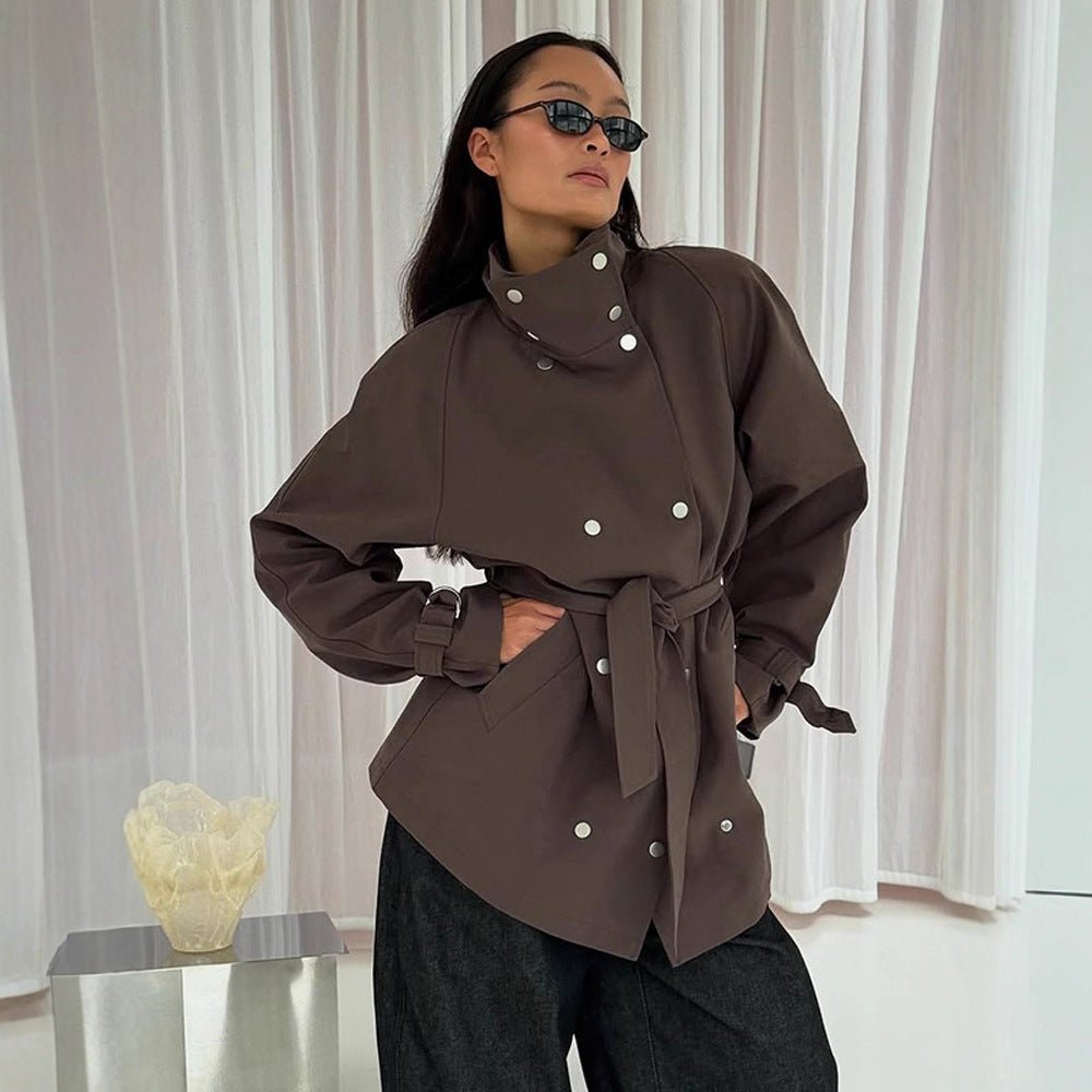 Women's Tailorable Oversized Short Trench Coat with High Stand Collar, Snap Button Front and Belt Chichicherry - Chichicherry