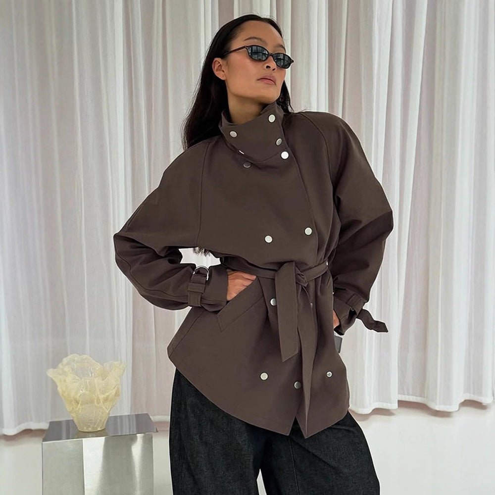 Women's Tailorable Oversized Short Trench Coat with High Stand Collar, Snap Button Front and Belt Chichicherry - Chichicherry