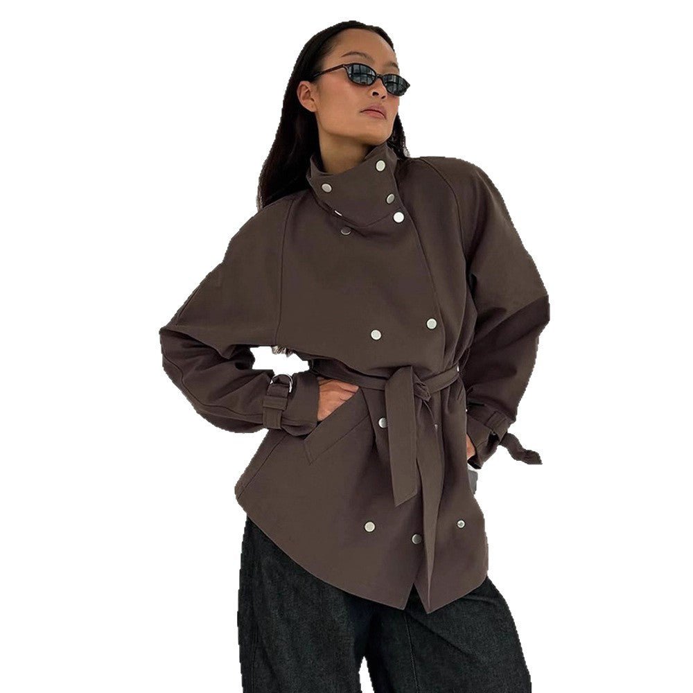 Women's Tailorable Oversized Short Trench Coat with High Stand Collar, Snap Button Front and Belt Chichicherry - Chichicherry