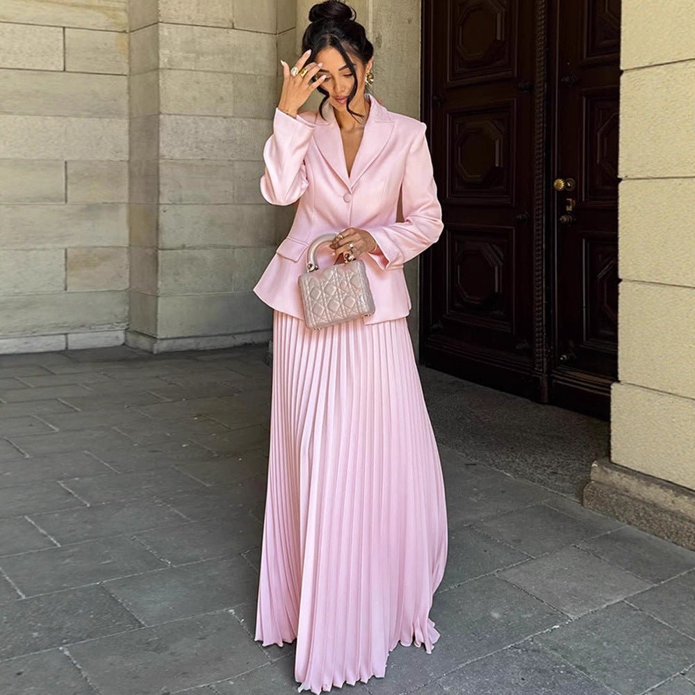 Women's Tailored Blazer and Midi Skirt Set with Pleated Skirt & Tied Belt Chichicherry - Chichicherry