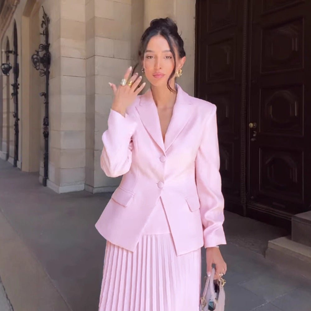 Women's Tailored Blazer and Midi Skirt Set with Pleated Skirt & Tied Belt Chichicherry - Chichicherry