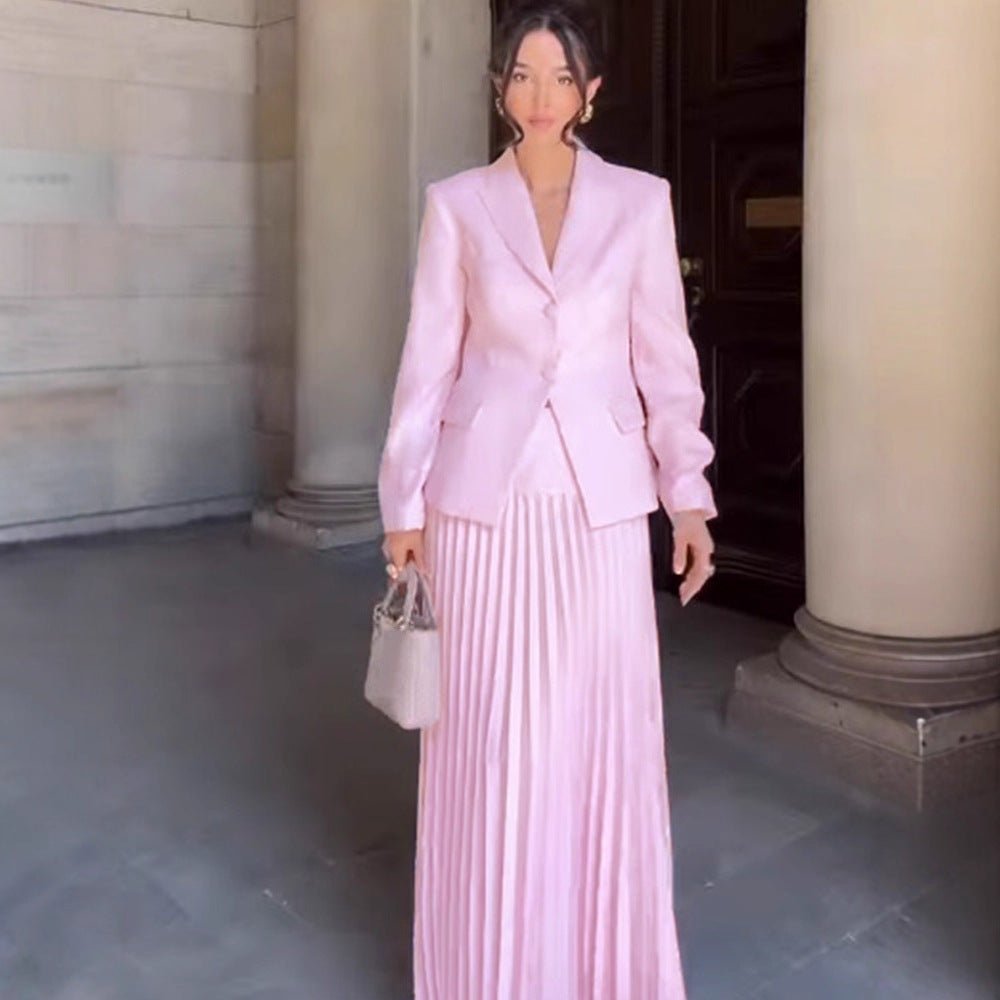 Women's Tailored Blazer and Midi Skirt Set with Pleated Skirt & Tied Belt Chichicherry - Chichicherry