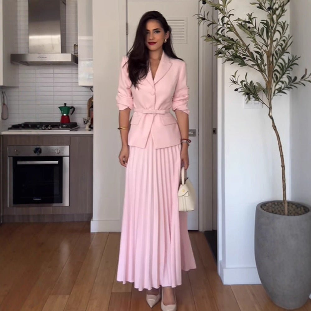 Women's Tailored Blazer and Midi Skirt Set with Pleated Skirt & Tied Belt Chichicherry - Chichicherry