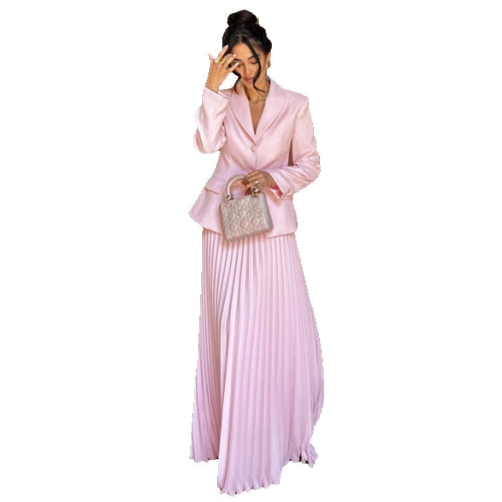 Women's Tailored Blazer and Midi Skirt Set with Pleated Skirt & Tied Belt Chichicherry - Chichicherry