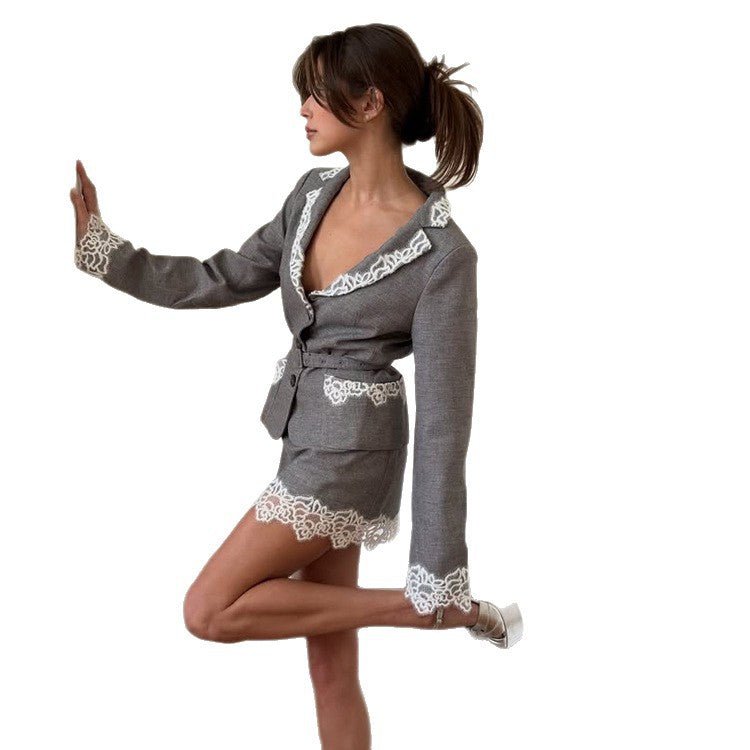 Women's Tailored Blazer Set with Lace Trim, Waist Belt & Mini Skirt Chichicherry - Chichicherry