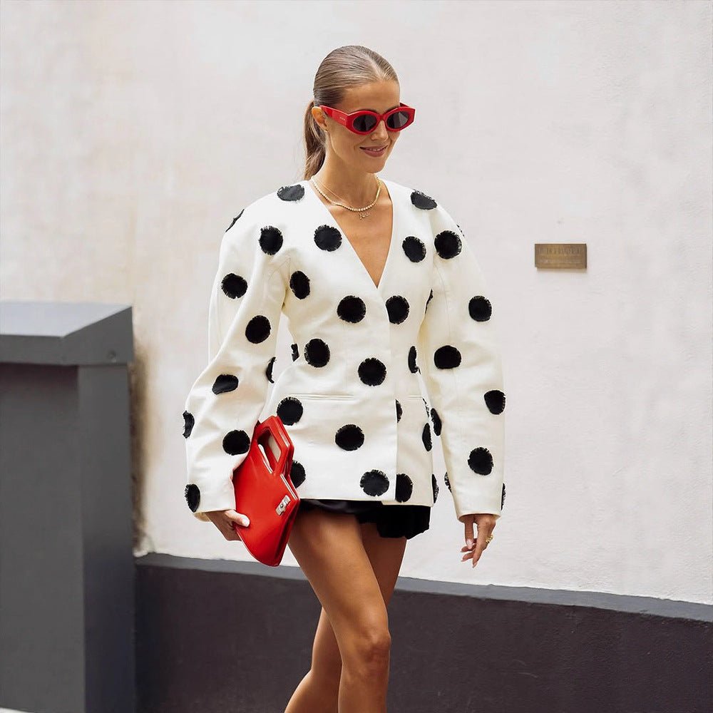 Women's Tailored Blazer with Deep V-Neck, Voluminous Sleeves and Polka-Dot Applications Chichicherry - Chichicherry