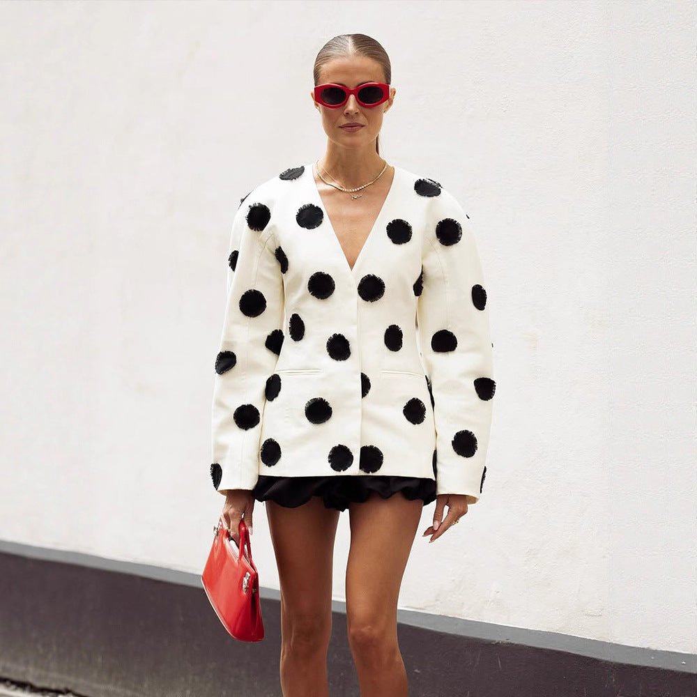 Women's Tailored Blazer with Deep V-Neck, Voluminous Sleeves and Polka-Dot Applications Chichicherry - Chichicherry