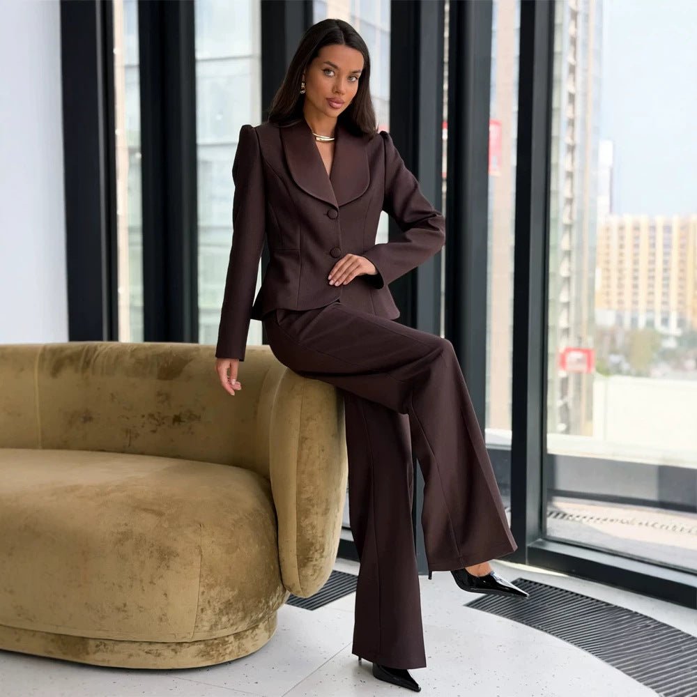Women's Tailored Blazer with Oversized Shawl Collar and High-Waisted Wide Leg Pants Chichicherry - Chichicherry