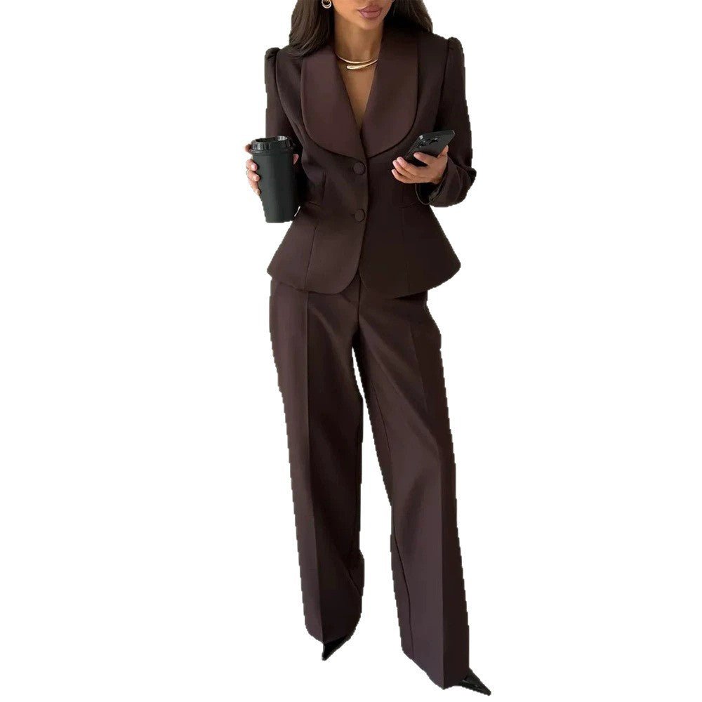 Women's Tailored Blazer with Oversized Shawl Collar and High-Waisted Wide Leg Pants Chichicherry - Chichicherry