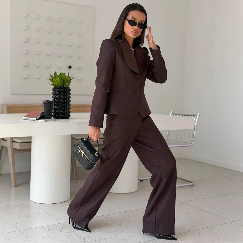 Women's Tailored Blazer with Oversized Shawl Collar and High-Waisted Wide Leg Pants Chichicherry - Chichicherry