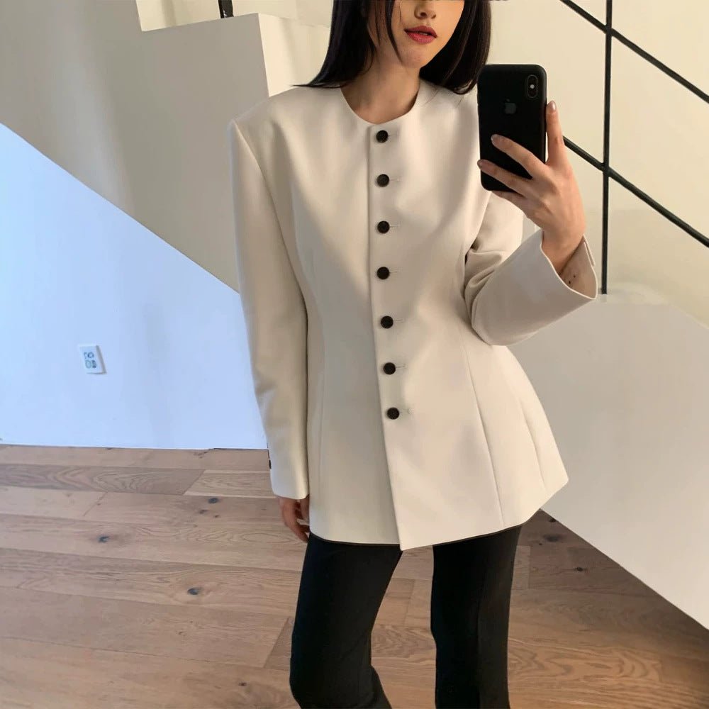 Women's Tailored Blazer with Sculptural Shoulder, Round Neckline and Contrast Button Placket Chichicherry - Chichicherry