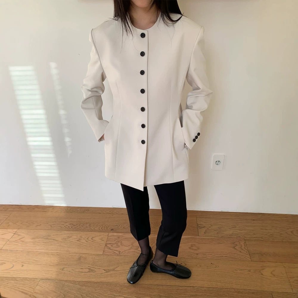 Women's Tailored Blazer with Sculptural Shoulder, Round Neckline and Contrast Button Placket Chichicherry - Chichicherry